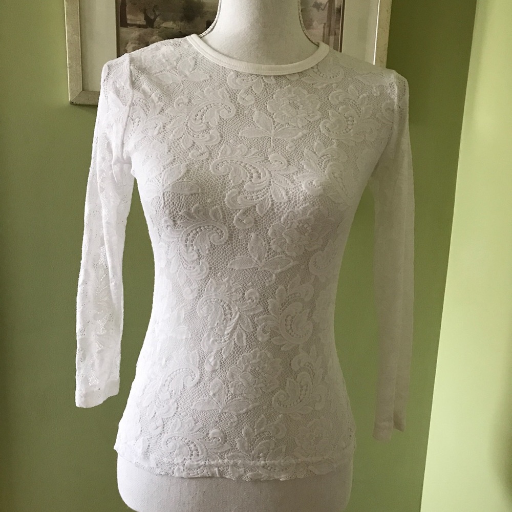 CAbi white lace 3/4 arm length t-shirt